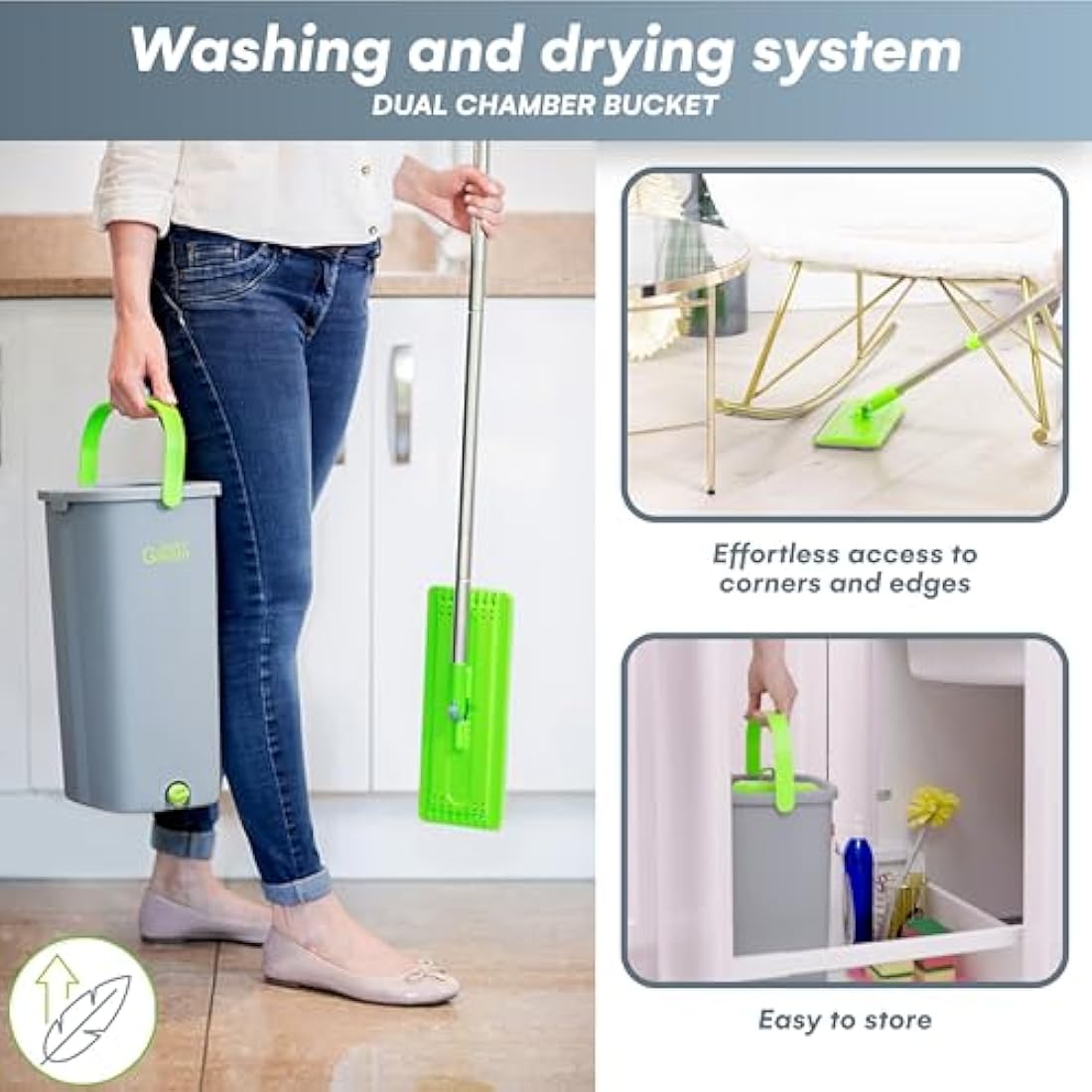 Mop and Bucket Set - Easy Gleam Floor Flat Mop with 2-Chamber Bucket - Microfibre Pads and Stainless Steel Handle - Compact and Lightweight for Efficient Cleaning - Green