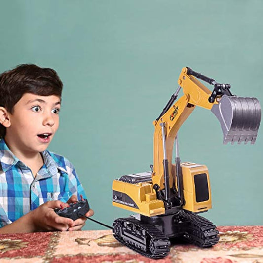 Highttoy Remote Control Excavator Digger Toys for Kids, RC Digger Tractor Toys for Boys Age 3 4 5 6 7 8 Gifts 1:24 Scale 6 Channel Diecast Remote Control Digger Toy with Led & Sound
