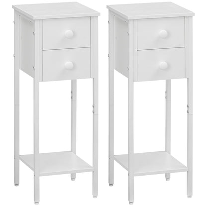 HOOBRO Narrow Bedside Table Set of 2, Slim Bedside Table, Telephone Table with 2 Drawers, Tall Side Table with Metal Frame