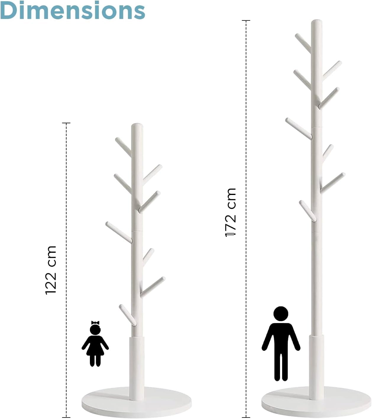 edihome, Coat Stand with Round Base, Freestanding Coat Rack with 8 Hooks, 172 x 38 x 38 cm, Wooden Hall Tree for Coats, Hats, Jackets