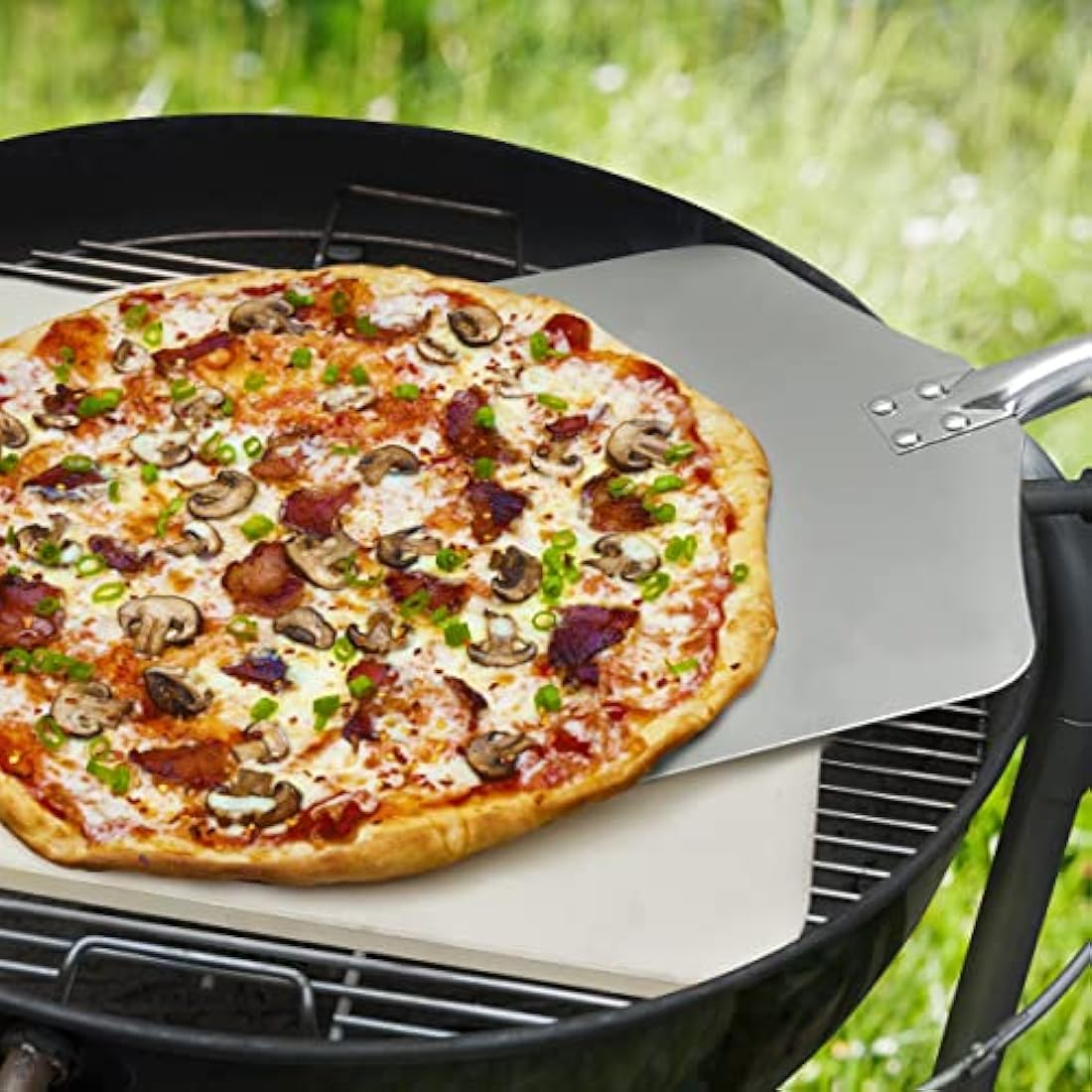 Joeji's Kitchen Pizza Stone & Peel Shovel Set - 30 x 38cm Rectangular Cordierite Stone for Oven BBQ - Aluminium Peel with Removable Wooden Handle