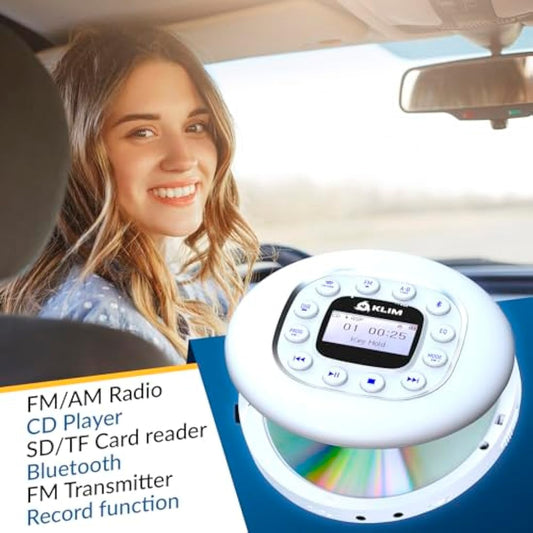 KLIM Journey - Portable CD Player with Long-Lasting Battery - New - w/Headphones - Radio FM - Compatible MP3 CD Player - SD Card, FM Transmitter, Bluetooth - Ideal for Cars - White