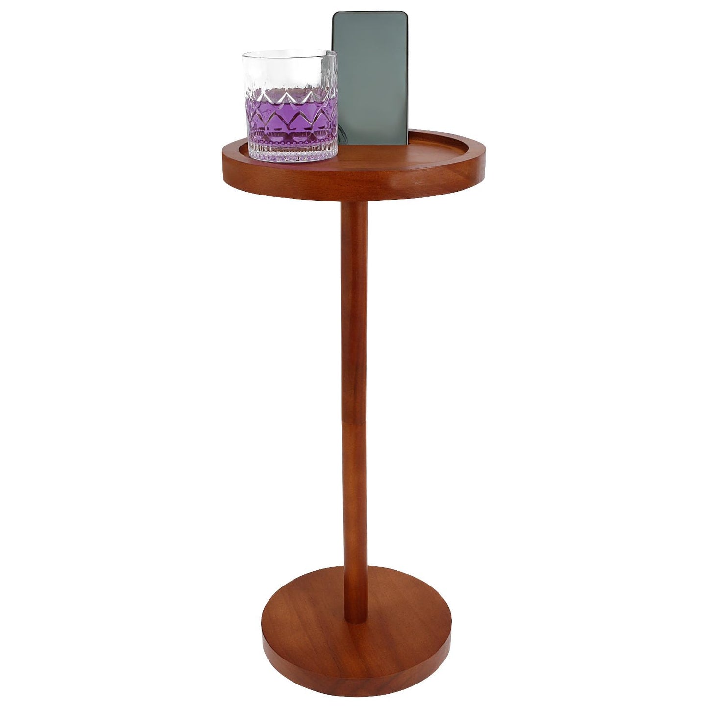 Solid Wood Pedestal Side Table, Small Round Coffee Table with Phone Holder & Weighted Base,21.65 Inch Enduring End Table Snack Desk for Small Spaces