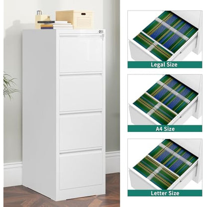 YITAHOME Filing Cabinet with 4 Lockable Drawers, Anti-tipping Rolling Filing Cabinet with Wheel for Home Office, Under Desk File Storage Cabinets for Letter/Legal/A4 Size, White, 62 x 45 x 133cm