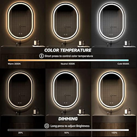 Dripex 50×70cm Oval LED Bathroom Mirror with Light, Illuminated Wall Mounted Vanity Mirror, Anti-fog, 3 Colors Dimmable Light, Memory Function, IP44, Demister Mirror with Backlit Lights for Bathroom