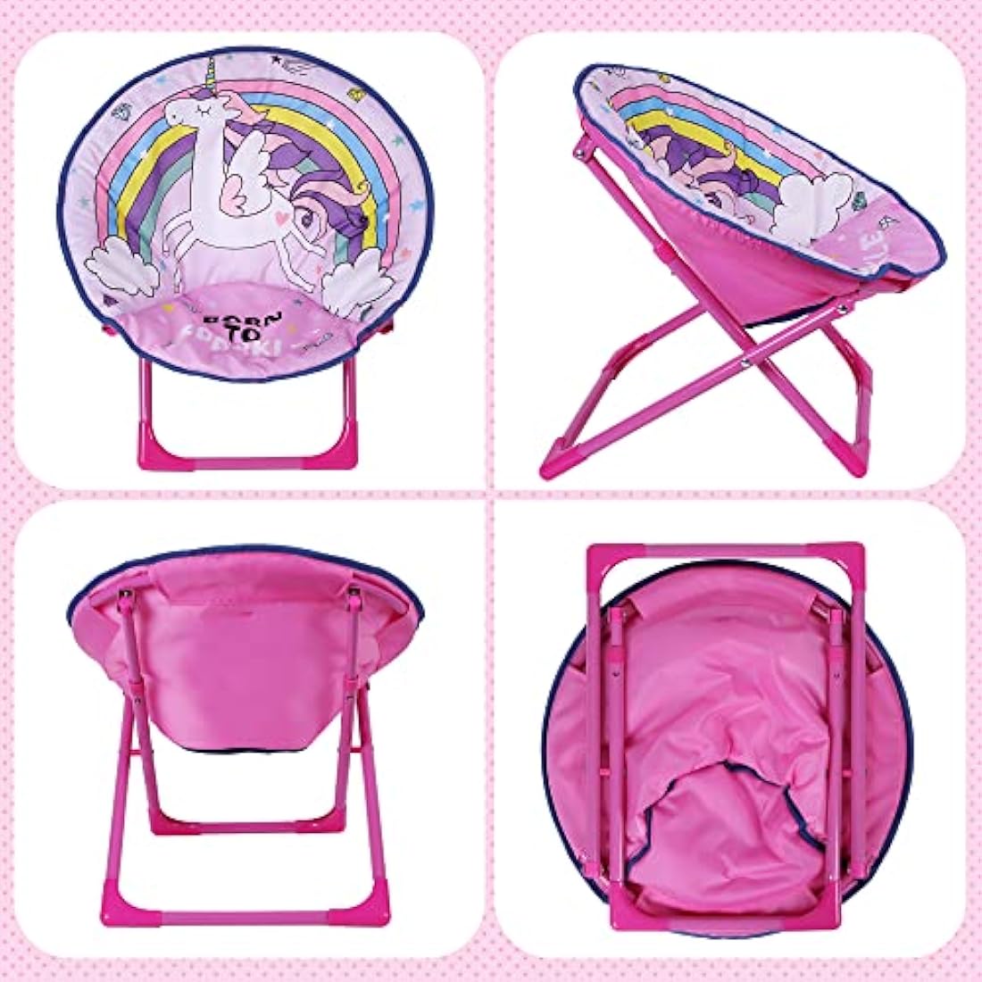 Outplea Rainbow Unicorn Kids Suacer Chair - Toddler Cartoon Moon Foldable Camping Chair for Patio, Beach, Picnic