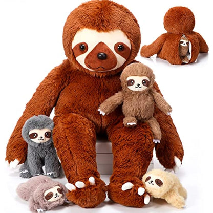 Kasyat 5 Pcs Sloth Plush Toy Set 13 Inch Mommy Sloth Stuffed Animal with 4 Cute Baby Plushies in Zippered Belly for Kids Birthday Gifts Home Decors Baby Shower Party Favors(Brown)