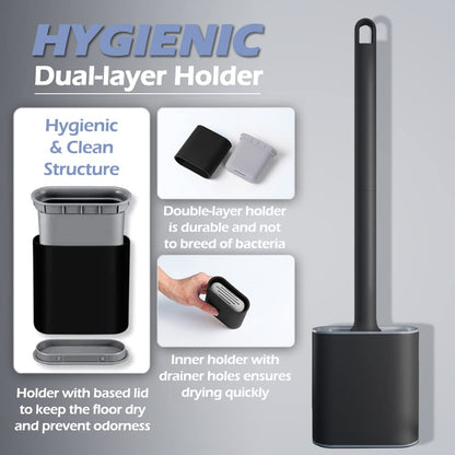 Athyior Silicone Toilet Brush with Holder Set - Flexible Bristles Toilet Brush Bendable Quick Drying Flooring Wall Mounted Long Handle Hygienic Deep