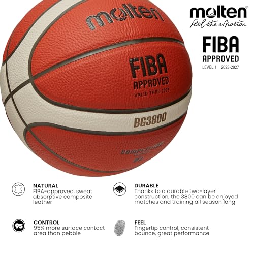 Molten BG3800 Basketball, Indoor, FIBA Approved, Composite Leather, Size 5, Orange/Ivory, Suitable For Boys Age 7, 8, 9, 10 & 11, Girls age 12 & 13