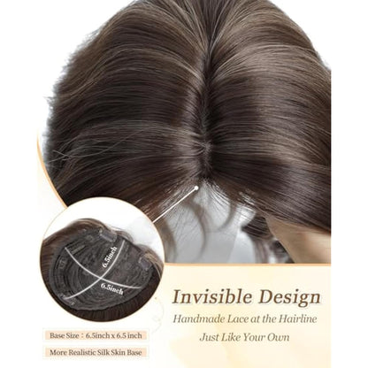 MORICHY 16Inch Wavy Curly Fringe Clip in Hair Topper - Add Volume & Thickness for Women (Brown Highlights)