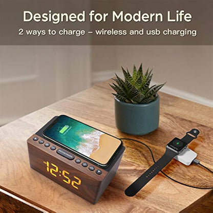 ANJANK Bedside Wooden FM Radio Alarm Clock,10W Super Fast Wireless Charger Station for Iphone/Samsung Galaxy,USB Charging Port, 5 Level Digital Dimmable Led Display,Mains Powered with Backup Battery