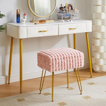 IBUYKE Rectangle Vanity Chair with Storage Space, Footrest Footstool Ottoman, Vanity Stool, Dressing Table Chair, with Anti-Slip Feet, for Makeup Room, Bedroom, Square grid pattern, Pink WBD004P