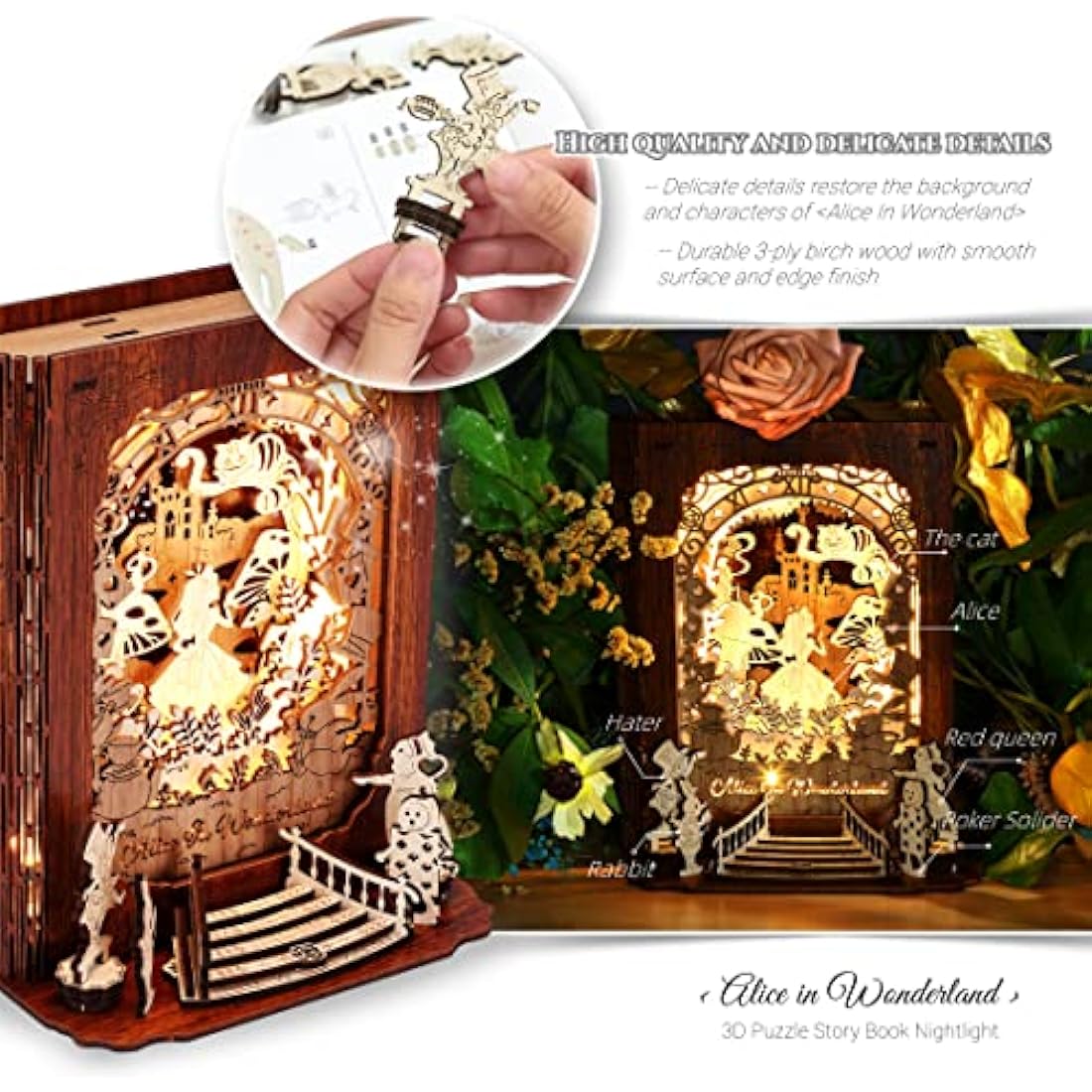 FUNPOLA Alice in Wonderland 3D Puzzle Nightlight – DIY 3D LED Book Lamp – 3D Wood Puzzles Décor Lamp for Kids and Adults
