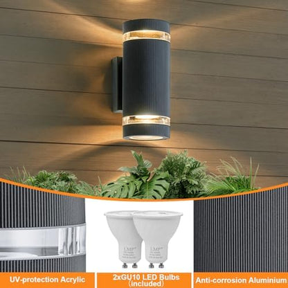 LMP Outdoor Wall Lights Mains Powered, Up Down Outside Lights Grey, IP65 External LED Front Door Lamp Porch Light Electric, Exterior GU10 Round Lighting Sconce Wall Mounted for House