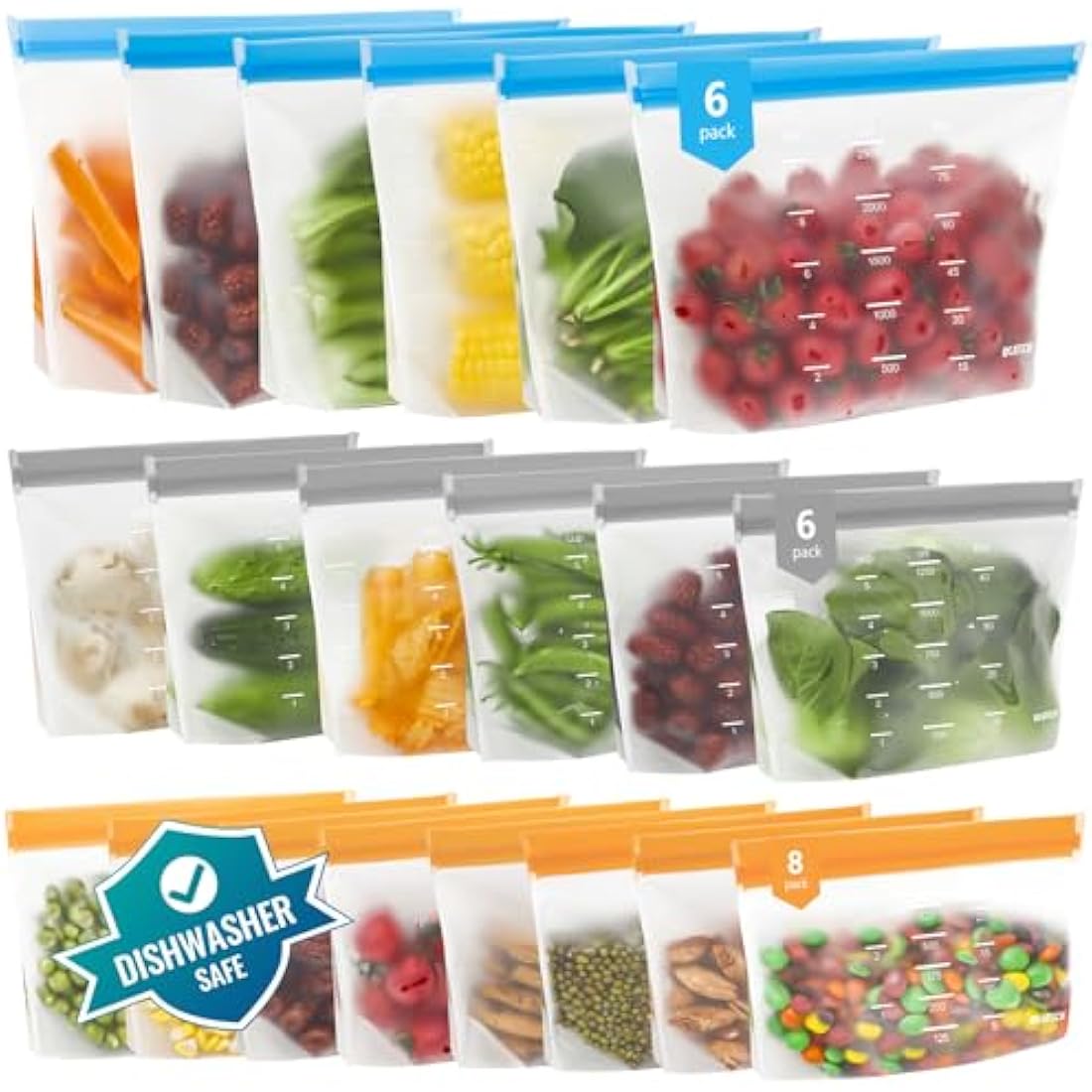 IDEATECH 20 Pack Reusable Freezer Bags, BPA Free Sandwich Bag, Reusable Silicone Food Storage Bag Leak Proof Airtight Container for Lunch, Snacks, Fruits and Vegetables