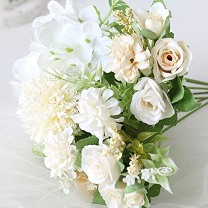 Leixi Artificial Hydrangea Flowers Plants With Pot, 11 × 20cm Fake Plants in Metal Pot, Silk Roses Flowers for House Office Desk Kitchen Table Windowsill Decoration, New House Gift (White)