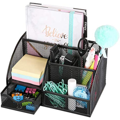 EXERZ Desk Organiser/Mesh Desk Tidy Caddy/Pencil Holder Multifunctional with 7 Compartments- Black