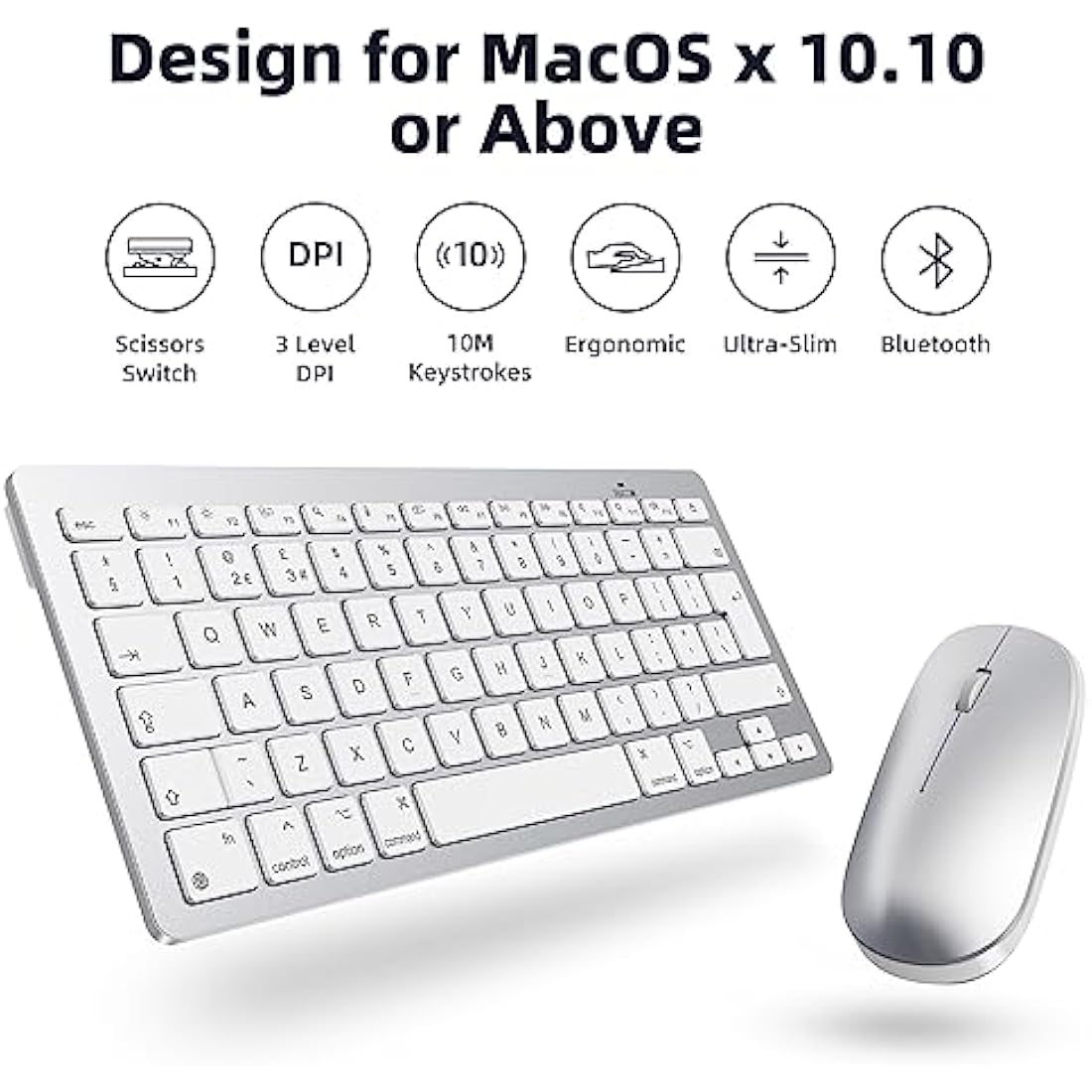 Bluetooth Keyboard and Mouse Set for Mac, OMOTON Ultra-Slim Wireless Keyboard and Mouse Combo for Apple Mac, MacBook Pro/Air, iMac, Mac Mini,Battery-powered, QWERTY UK Layout, Silver