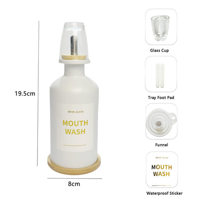 Yumzxin 11.8OZ Glass Mouthwash Bottle with Bamboo Tray & Stainless Steel Nozzle, Refillable Bathroom Organizer, Essential Oil Dispenser