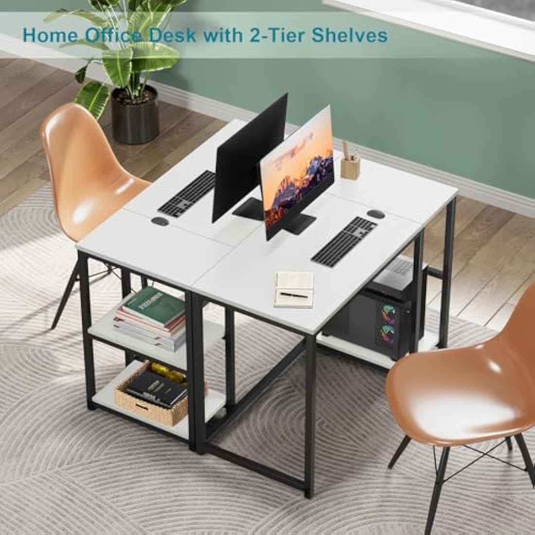 WOHOMO Computer Desk with 2-Tier Shelves 100cm Small Home Office Desk with Large Storage Space Sturdy Modern Gaming Desk for Bedroom Study Writing Laptop Table, White
