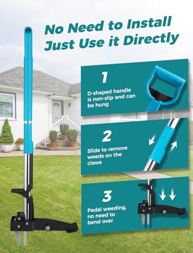 YISSVIC Mechanical Weed Puller Tool - Stainless Steel 4-Claw with Foot Pedal, Telescopic Root Remover for Garden, Stand-up Design (Blue)