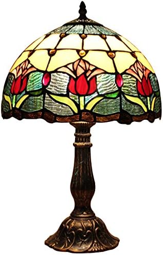 Bieye L30020 Tulip Flower Tiffany Style Stained Glass Table Lamp Night Light with 12 Inches Wide Handmade Lamp Shade Metal Base for Bedside Bedroom Living Room, 18 inches Tall, Red Green…