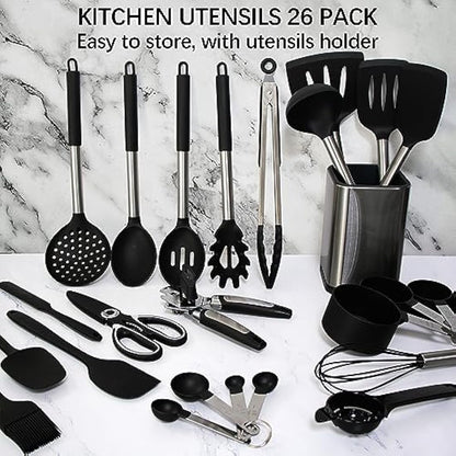 Kitchen Utensils Set, 26 Pack Silicone Cooking Utensils Set with Holder, Silicone Kitchen Utensils, Heat Resistant, Non Stick Spatula Spoon Slotted Spatula Cooking Tools Turner Tongs, Black