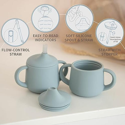 Moonkie Silicone Baby Sippy Cup 6+ Months with 2 Straws (Free Flow & Leak-Proof Valve) | 3 Stage Transition | Baby Water Bottle | BPA Free & Dishwasher Safe | 120ml(Ether)