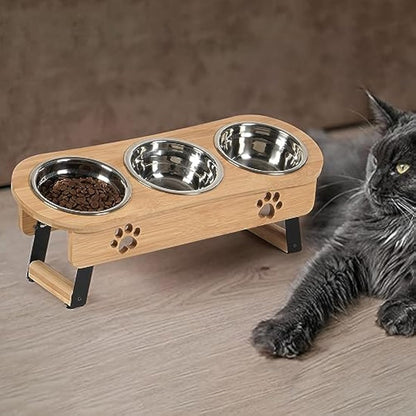 GHIAKQYT Raised Feeding Bowls - Cat Feeding Station 3 Bowls Raised Cat Bowl Height Adjustable Feeding Bowl Feeding Bar with Stand Stainless Steel Bowls for Water Food - Feeding Bowl for Cats (Bamboo