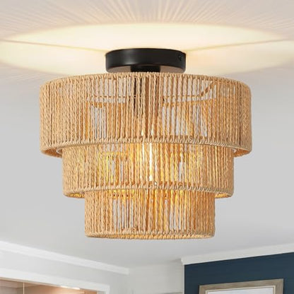 FORCOSO Rattan Ceiling Light 3-Layer, Boho Lamp Light Shade Rattan Lampshade, E27 Vintage Chandelier Light Fitting, Rustic Ceiling Lamp Fixtures for Living Room Bedroom Dining Table Kitchen Hallway