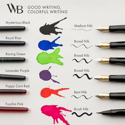 Wordsworth & Black Calligraphy Pen Set - Blue - Includes 2 Pens, 18 ML Ink Bottle, 60 Cartridges, 1 Medium & 4 Broad Nibs, Brush Pen - Calligraphy Kit for Beginners