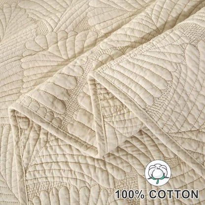Qucover Quilted Bedspreads Soft and Comfortable Cotton Bedspread Super King Size with Elegant Embroidered Palm Leaf Pattern, 3 Pieces Bedspreads