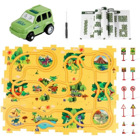 Puzzle Track with Vehicle Playset for Kid Age 3-6, Dinosaur Puzzle with Rail Car Educational Toy Racer Car with Slot Track and Dino Puzzle Gift for Boy Gril 3 4 5 6