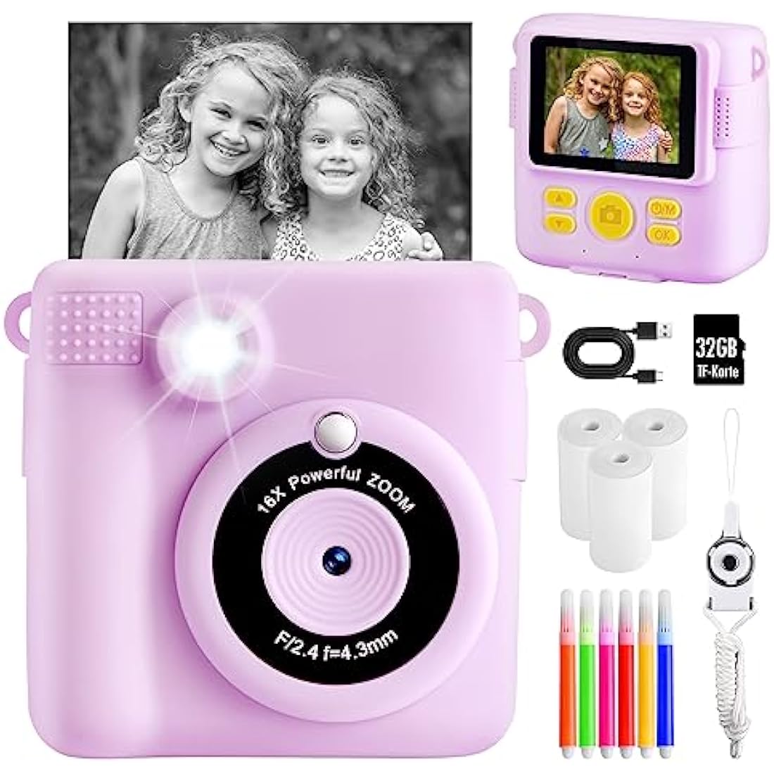 Kids Camera for Girls Boys, Instant Camera for Kids with Print Photo Paper,1080P HD Kids Digital Camera with 32GB SD Card Portable Toy Birthday Gifts for 3 4 5 6 7 8 9 10 Year Old Girl boy