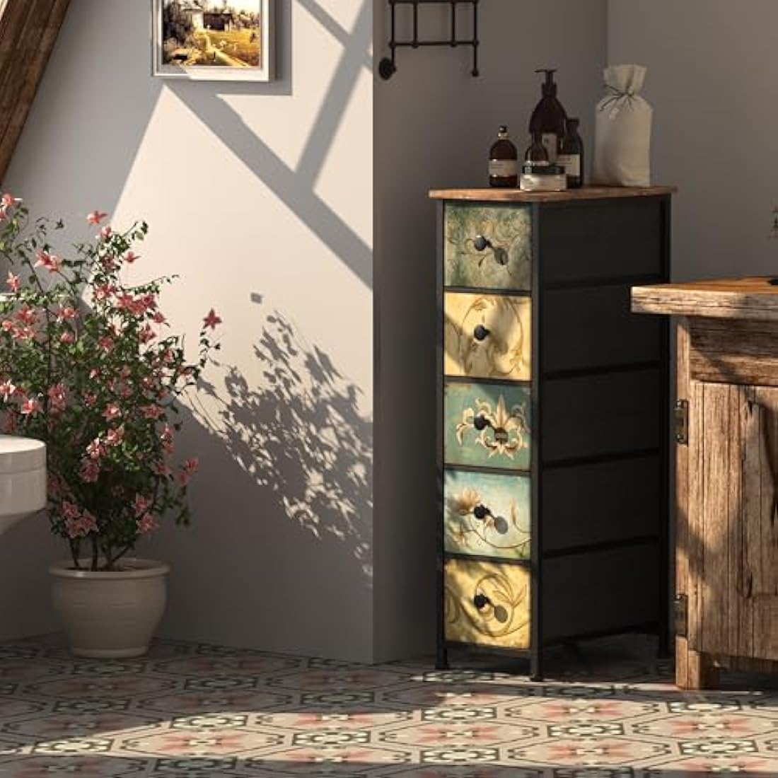 VEDECASA Chest of Drawers with 5 Drawer Narrow Dressers for Bedroom Small Place Storage Tower Unit Bedroom Drawers for Bathroom Kitchen Living Room Hallway Entryweay Wooden Top Sturdy Metal Frame