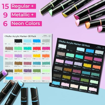 Ohuhu Acrylic Paint Pens 30 Colours, Dual Tip(3mm & 0.7mm) Acrylic Paint Markers - Waterproof Lightfast High Opacity Permanent Multimarker for stones Painting Wood Glass Ceramic Easter Eggs Pumpkin
