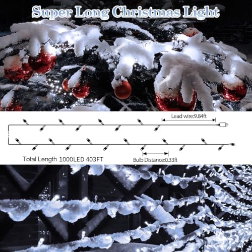 JXLEDAYY 403 FT 1000 LED String Lights Outdoor Fairy Lights Plug in Super Long Christmas Lights with Remote Timer 8 Modes for Xmas Tree Yard Outside Garden House Party Wedding Decoration-Cool White