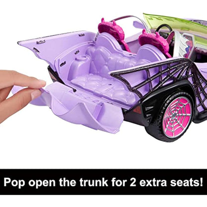 Monster High Toy Car, Ghoul Mobile with Pet and Cooler Accessories, Purple Convertible with Spiderweb Details