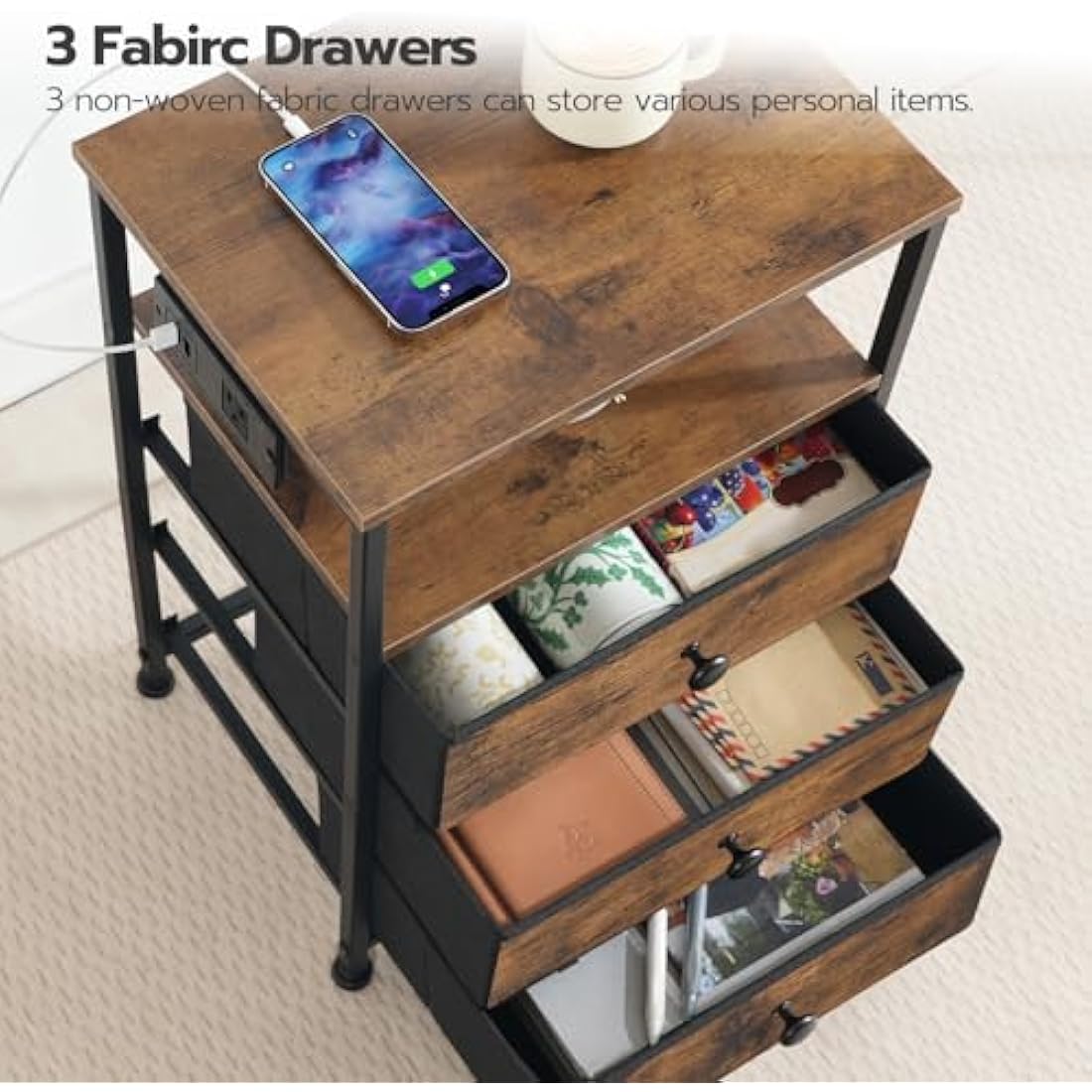 HOOBRO Bedside Table with Charging Station, End Table with 3 Fabric Drawers, Sofa Side Table with USB Ports and Socket, Nightstand for Bedroom, Living Room, Rustic Brown and Black EBF403KBZ01