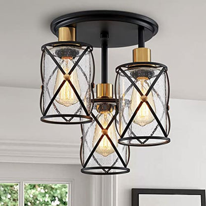 WUZUPS Chandelier Semi Flushmount Industrial 3-Light Ceiling Light Fixture Clear Seeded Glass Shade for Entryway Porch Foyer Kitchen Dining Room