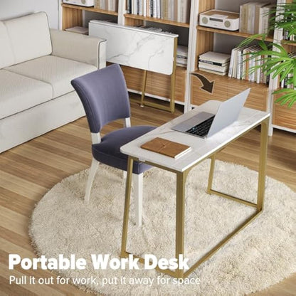 WOHOMO Folding Desk, Small Writing Desk, Space-Saving Foldable Laptop Table Writing Workstation for Home Office, Easy Assembly, White and Gold