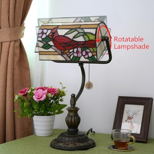 Blivuself Northern Cardinal Bird Tiffany Bankers Desk Lamp Stained Glass Table Lamp Vintage Bedroom Bedside Office Study Pull Chain Reading Desk Light Gift Nightstand Aesthetic Antique Desklamp