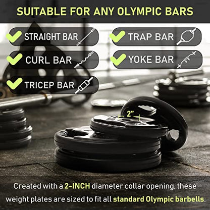 PhysKcal Olympic Weight Plates 4x5kg with Rubber Finish 2?? Opening and Tri-Grips, Black Barbell Plates Discs in Pair for Lifting and Strength