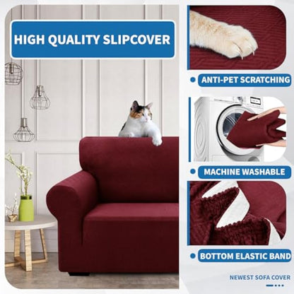 XINEAGE High Stretch Sofa Covers 3 Seater Latest Jacquard 1 Piece Sofa Slipcovers Living Room Universal Couch Covers for Dogs Pet Non Slip Sofa Furniture Protector Washable (3 Seater, Wine Red)