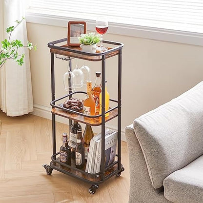 IBUYKE 3-Tier Home Bar Serving Cart,Kitchen Storage Carts With Wheels,11.79x15.72x33.01 inches,Rolling Mini Bar Cart for Home, Outdoor, Kitchen, Bedroom, Living Room TMJ319H
