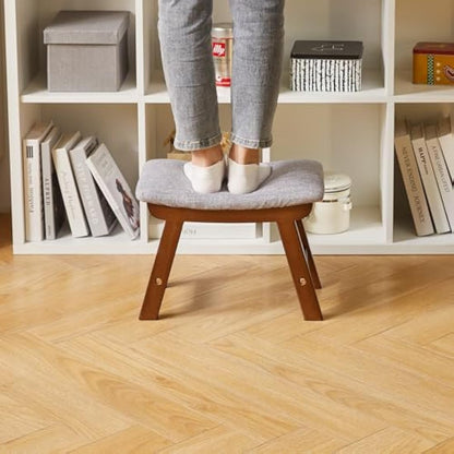 Aibiju Foot Stool, Ottoman Pouffe Stool, Low Stool Fabric Sofa Stool Cover 4 Beech Legs Suitable for Bedroom, Living Room and Kitchen, (Brown Leg + Grey cushion), YDEU-1355