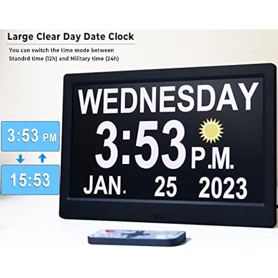 Véfaîî 10" Inch Large Digital Clock with Auto DST and Sun Moon Icons, Custom Reminders and Calendar, Day Date for Seniors Dementia Alzheimers' Clock with Remote Control