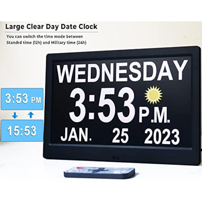 Véfaîî 10" Inch Large Digital Clock with Auto DST and Sun Moon Icons, Custom Reminders and Calendar, Day Date for Seniors Dementia Alzheimers' Clock with Remote Control