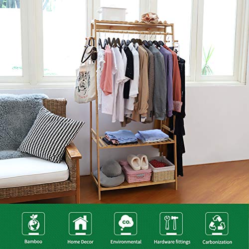 unho Bamboo Clothes Rail Rack: Free Standing Garment Rack with 3 Storage Shelves 10 Hooks Portable Open Wardrobe Clothing Storage Organizer for