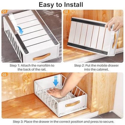 Kitstorack Pull Out Cabinet Organizer Fixed with Adhesive Nano Film, Heavy Duty Pull Out Shelf Kitchen Storage Drawer, Sliding Mesh Cabinet Basket
